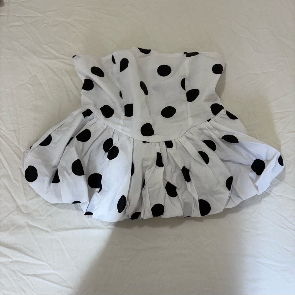stradivarius White Strapless Peplum Top with Black Polka Dots - Picture 2 of 5